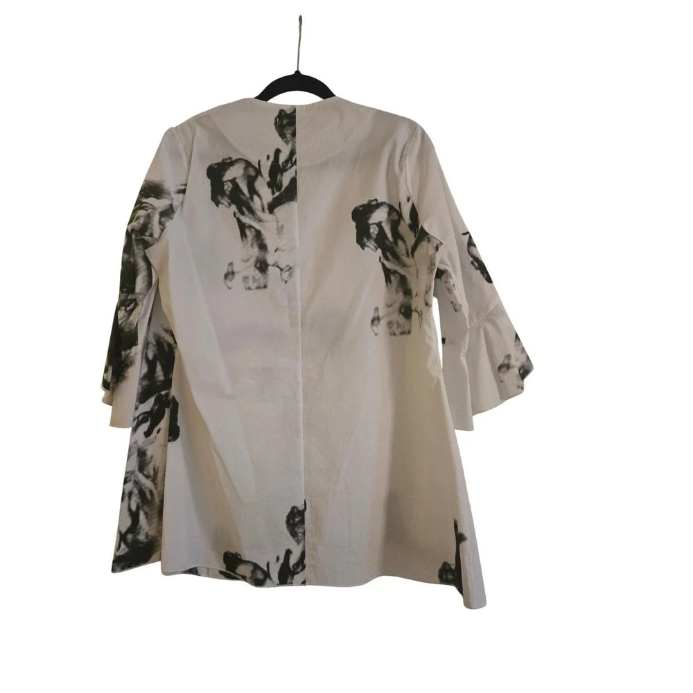 Radzoli‎ Womens Abstract Ink Blot Print Ruffle Sleeve Open Front Jacket White M
